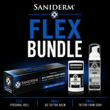 Saniderm Flex Bundle promotional graphic showing a boxed personal roll, a small oz tattoo balm tube, and a small tattoo foam soap bottle on a black background with large blue and white text.