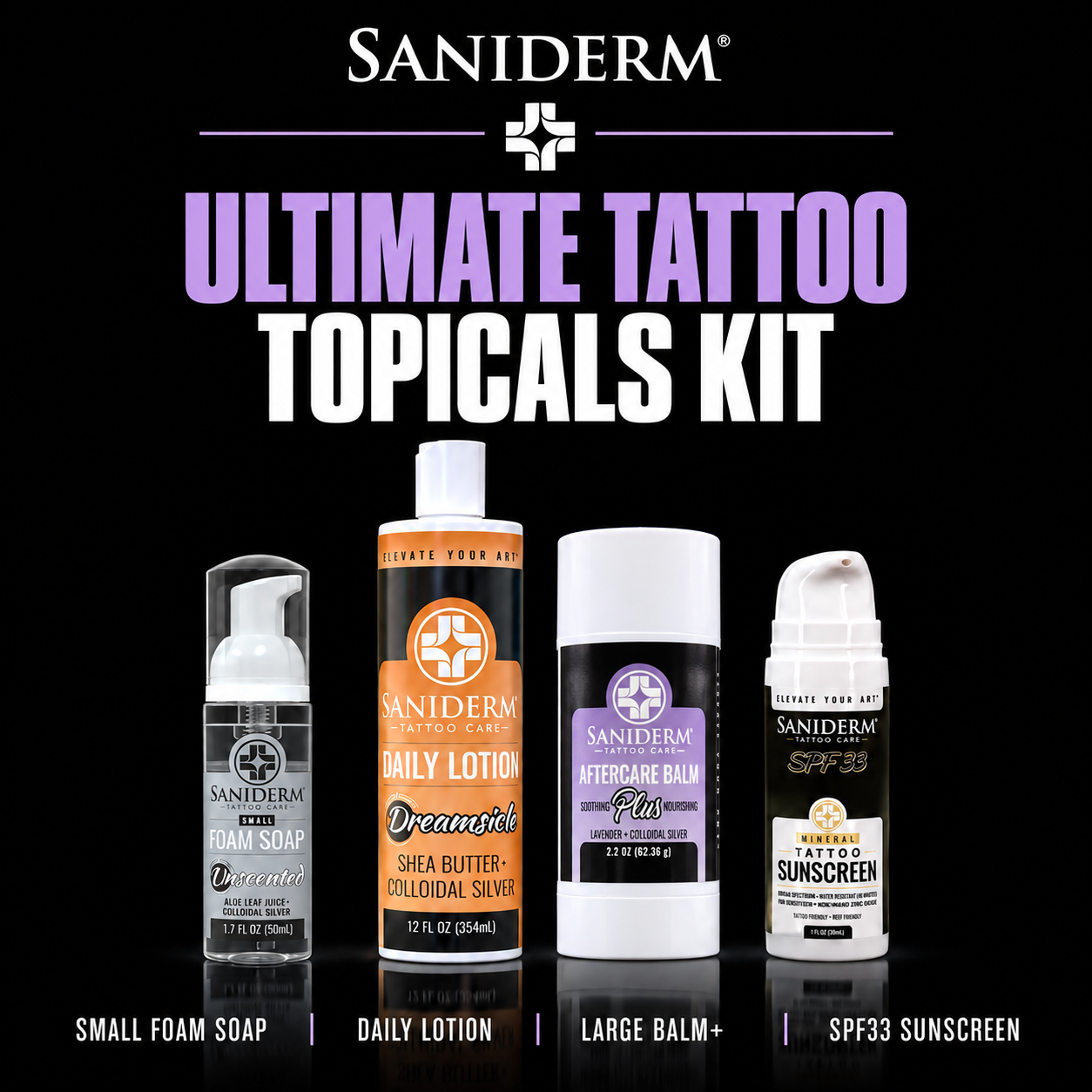 Saniderm Ultimate Tattoo Topicals Kit featuring four skincare products on a black background: tattoo foam soap, daily tattoo  lotion, large tattoo balm, and SPF 33 tattoo sunscreen, with product names and sizes displayed below.